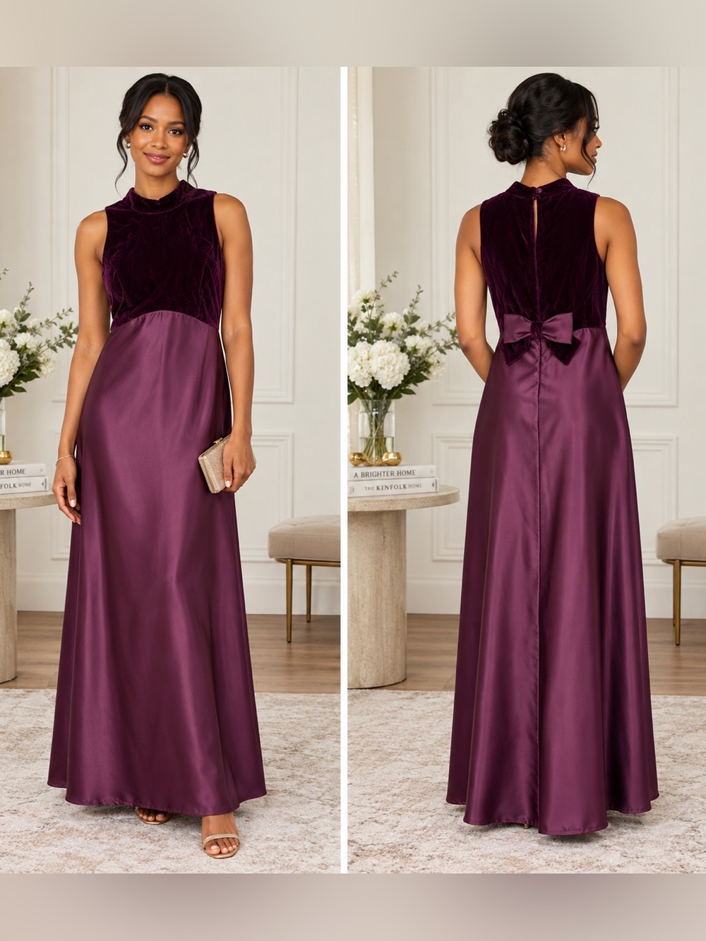 Alfred Angelo Purple Velvet Satin Bow Back Formal Maxi Gown Size M